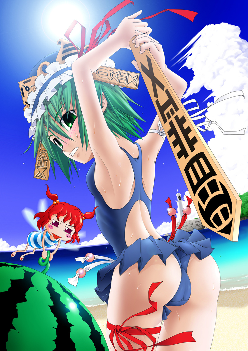 ass bad_id bad_pixiv_id casual_one-piece_swimsuit food fruit green_eyes green_hair hair_bobbles hair_ornament hat highres multiple_girls one-piece_swimsuit onozuka_komachi red_eyes red_hair rod_of_remorse shiki_eiki short_hair suikawari swimsuit touhou two_side_up wa-san watermelon