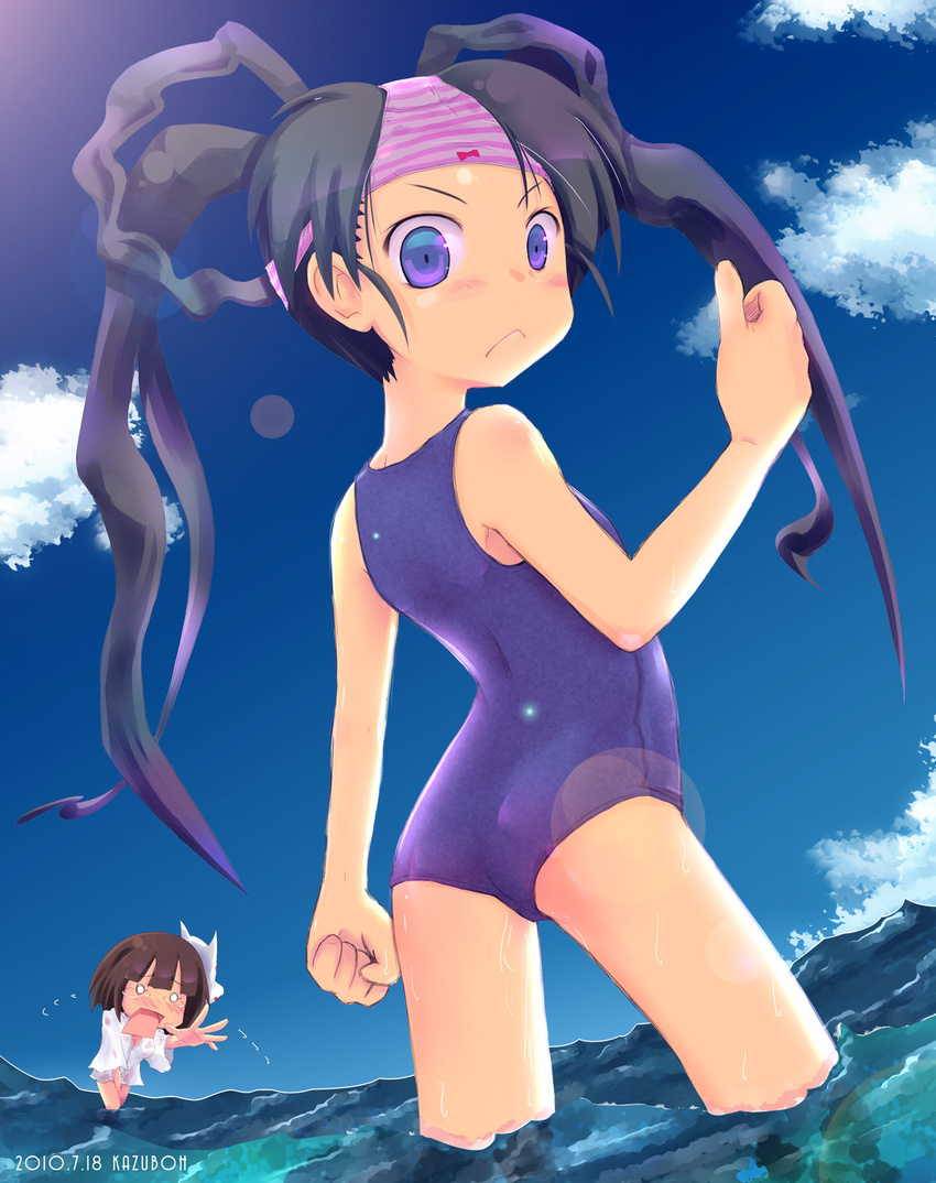 black_hair blue_eyes bob_cut bottomless bow bow_panties braid brown_hair clothes_theft covering covering_crotch female_pervert highres kazuboh lens_flare long_hair mask monk_(sekaiju) multiple_girls naked_shirt o_o object_on_head one-piece_swimsuit panties panties_on_head pervert pink_panties school_swimsuit sekaiju_no_meikyuu sekaiju_no_meikyuu_3 shinobi_(sekaiju) shirt short_hair striped striped_panties swimsuit tears theft thumbs_up twintails underwear underwear_theft very_long_hair wading water