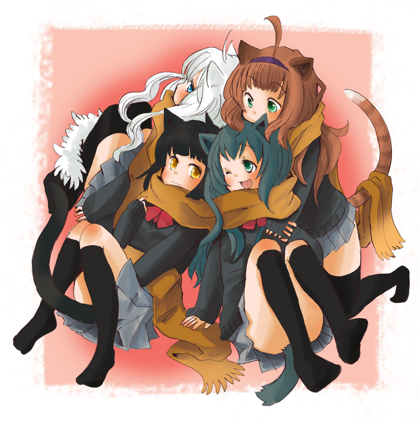 ahoge animal_ears arm_support black_hair black_legwear blue_eyes brown_hair cat_ears cat_tail green_eyes green_hair hairband kneehighs kneeling knees_touching long_hair long_sleeves looking_back multiple_girls nekoya_saki no_shoes one_eye_closed original scarf school_uniform skirt smile socks tail thighhighs white_hair yellow_eyes zettai_ryouiki