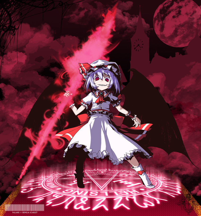 bat_wings clock clock_tower hat highres kumonji_aruto moon phalanx_(sekaiju) red red_eyes remilia_scarlet sekaiju_no_meikyuu sekaiju_no_meikyuu_3 sharp_teeth short_hair solo spear_the_gungnir teeth touhou tower wings