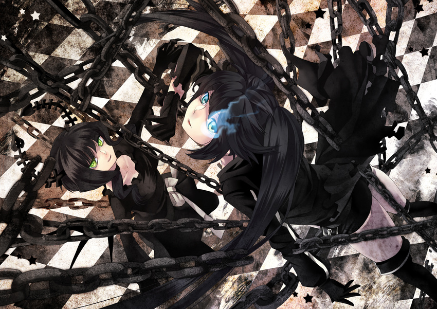 absurdres black_hair black_rock_shooter black_rock_shooter_(character) blue_eyes boots chain checkered checkered_floor dead_master green_eyes highres multiple_girls paprikashinshi thigh_boots thighhighs twintails