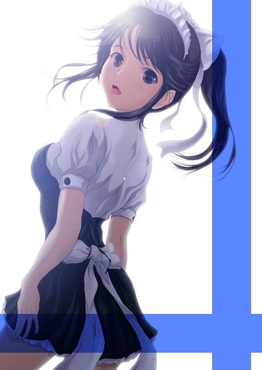 absurdres black_eyes black_hair dutch_angle highres long_hair looking_back love_plus maid maid_headdress nanashi_noiji ponytail purple_eyes solo takane_manaka waitress