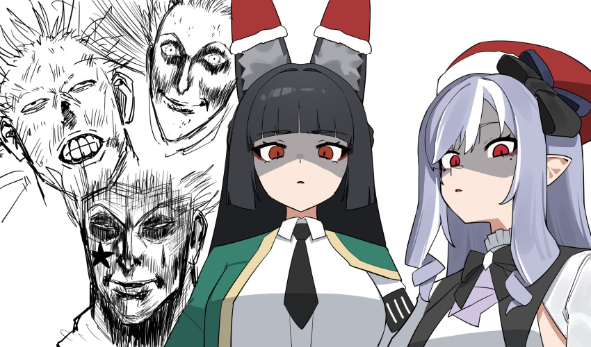 2girls 3boys animal_ears black_hair black_necktie breasts commentary dress flasso fox_ears fox_girl green_jacket hat highres hoshimi_miyabi jacket large_breasts long_hair looking_at_viewer multiple_boys multiple_girls necktie open_clothes open_jacket pointy_ears purple_hair red_eyes santa_hat shirt untranslatable_commentary vivian_banshee white_dress white_shirt zenless_zone_zero