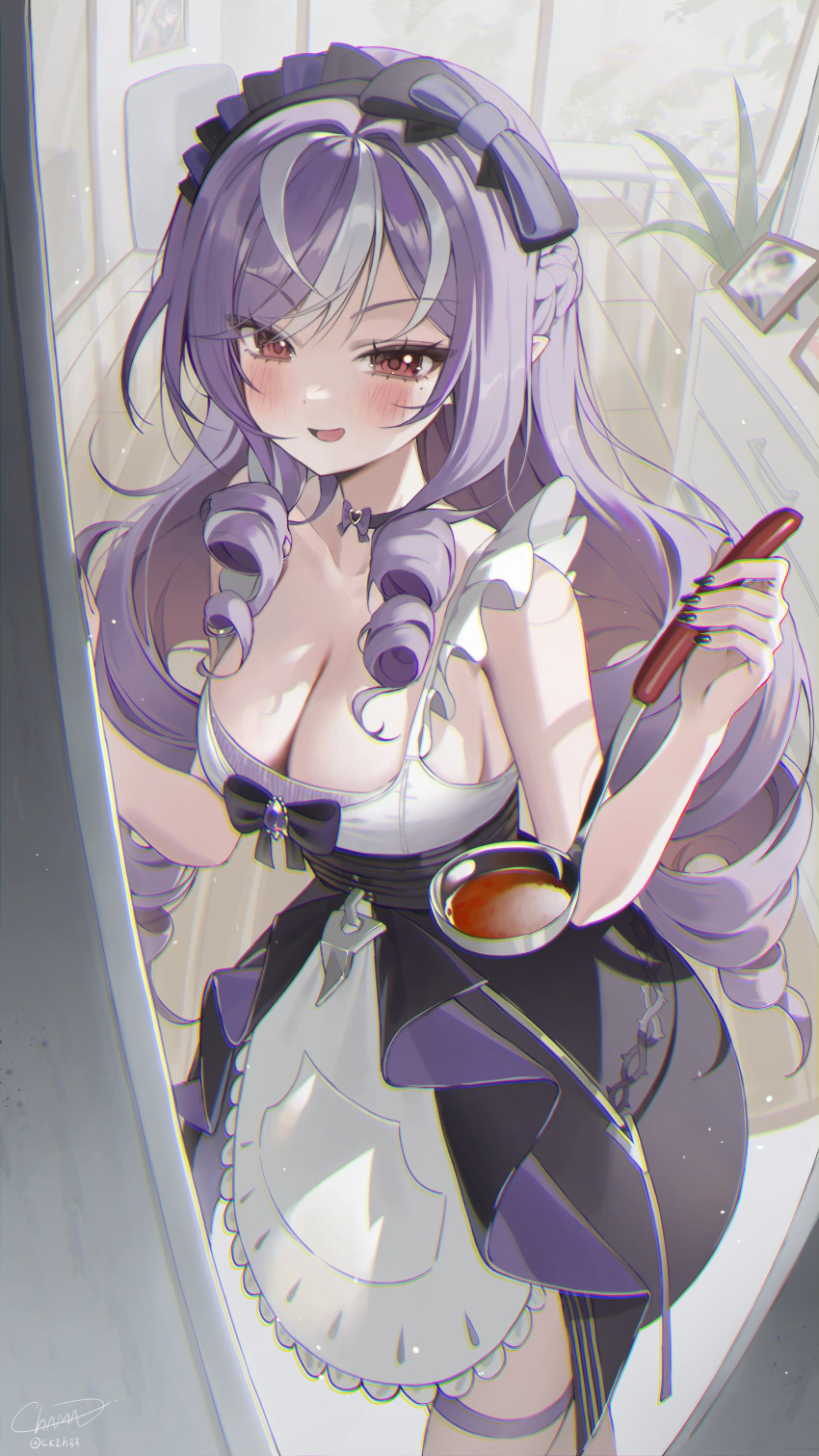 1girl absurdres apron bare_shoulders black_bow black_choker black_skirt blush bow breasts chama_(chacoc0) choker cleavage commentary_request cowboy_shot dot_nose drill_hair highres holding holding_ladle indoors ladle large_breasts long_hair looking_at_viewer mole mole_under_eye multicolored_hair open_mouth parted_bangs picture_frame plant pointy_ears potted_plant purple_bow purple_hair quad_drills red_eyes skirt solo standing streaked_hair table thigh_strap vivian_banshee white_apron white_streaks window wooden_floor zenless_zone_zero