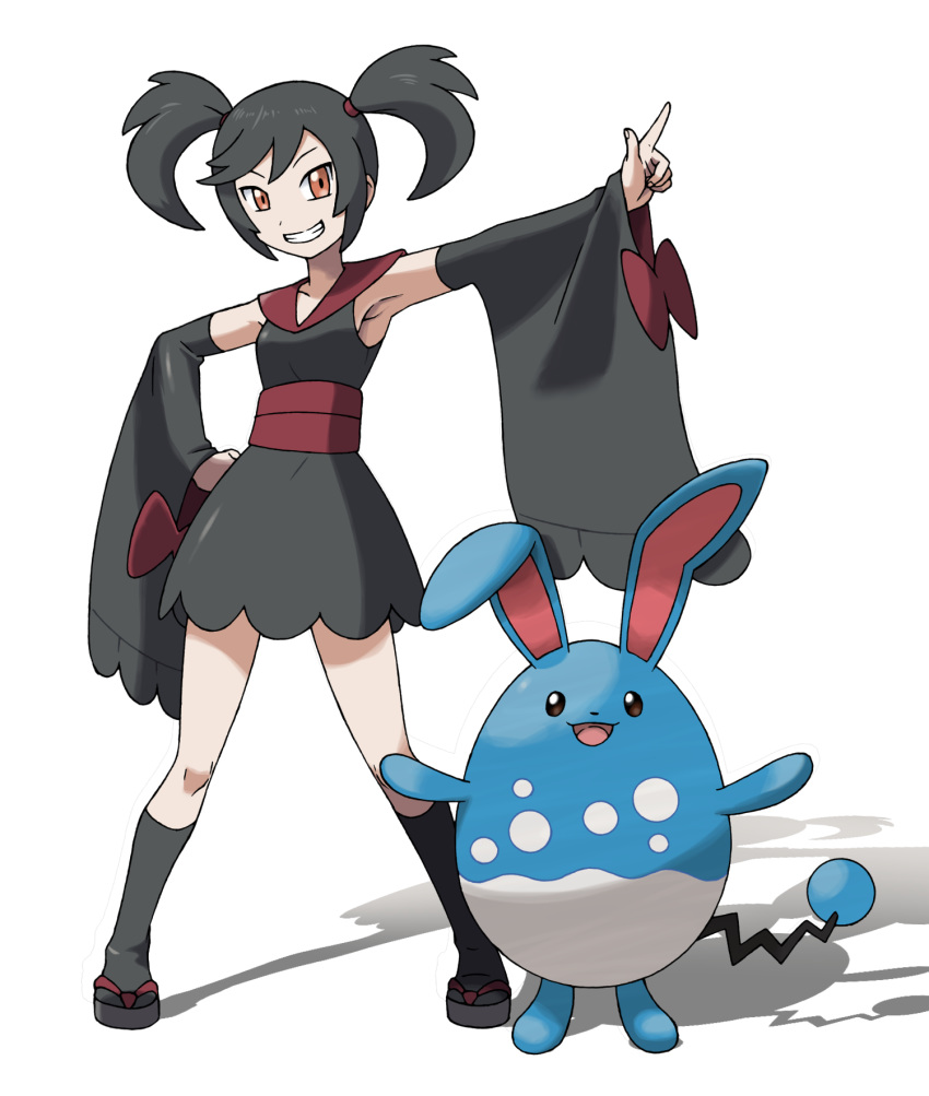 arm_up armpits azumarill bangs black_dress black_hair black_legwear blank_eyes breasts brown_eyes clenched_hand collarbone creatures_(company) detached_sleeves dress female full_body furisode_girl_(pokemon) furisode_girl_kirika game_freak gen_2_pokemon grin hair_tie hand_on_hip happy highres kneehighs looking_at_viewer nintendo open_mouth orange_eyes outstretched_arm pointing pokemon pokemon_(creature) pokemon_(game) pokemon_xy red_footwear sandals sash shiny shiny_clothes shiny_hair simple_background sleeveless sleeveless_dress small_breasts smile standing swept_bangs teeth teru_zeta tied_hair twintails white_background