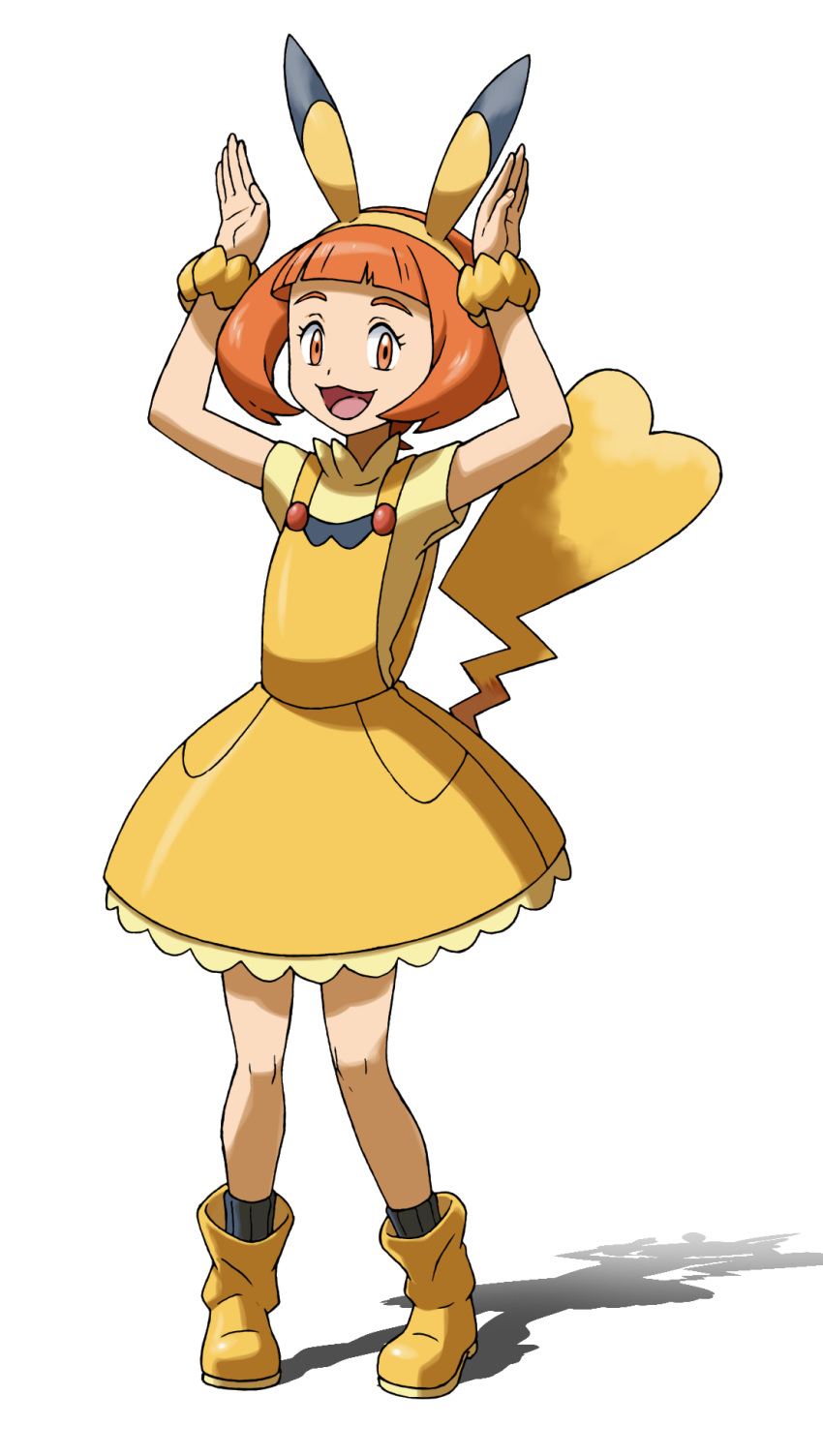 :3 animal_ears arms_up black_legwear boots creatures_(company) dress fake_animal_ears female flat_chest full_body game_freak hairband happy highres looking_at_viewer matching_hair/eyes nintendo open_mouth orange_eyes pigeon-toed pikachu_tail pikarla pokemon pokemon_(anime) pokemon_sm_(anime) scrunchie shirt short_sleeves simple_background sleeveless sleeveless_dress smile socks solo standing tail teru_zeta white_background wrist_scrunchie yellow_dress yellow_footwear yellow_hairband yellow_shirt