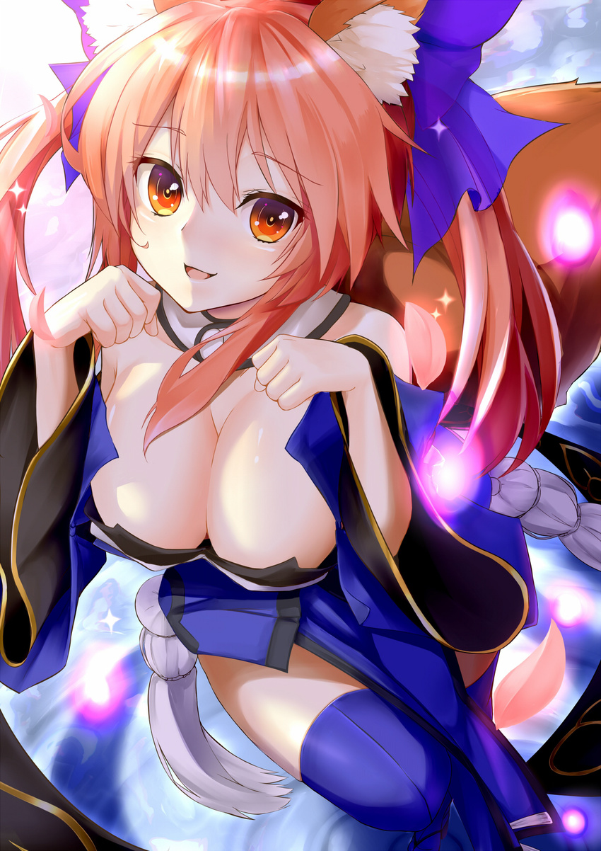 :d animal_ears blue_bow blue_legwear bow breasts cleavage detached_sleeves eyebrows_visible_through_hair fate/extra fate_(series) fox_ears fox_tail from_above hair_between_eyes hair_bow highres large_breasts long_hair looking_at_viewer open_mouth orange_eyes orange_hair paw_pose shiny shiny_skin shiron_(e1na1e2lu2ne3ru3) smile solo tail tamamo_(fate)_(all) tamamo_no_mae_(fate) thighhighs