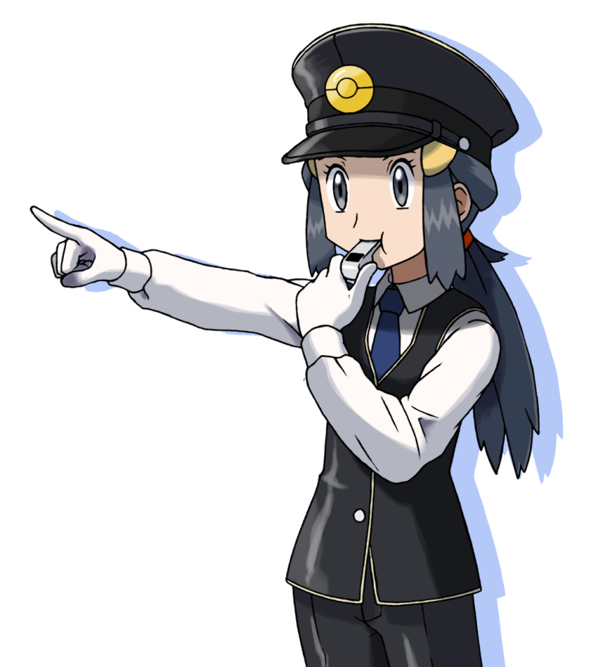 alternate_costume alternate_hairstyle arm_up black_hat black_pants black_vest blowing_whistle blue_hair blue_neckwear cowboy_shot creatures_(company) drop_shadow female flat_chest game_freak gloves grey_eyes hair_ornament hairclip hand_up hat highres hikari_(pokemon) holding long_hair long_sleeves necktie nintendo outstretched_arm pants peaked_cap pointing poke_ball_symbol poke_ball_theme pokemon pokemon_(game) pokemon_dppt ponytail shiny shiny_clothes shiny_hair shirt simple_background solo standing teru_zeta tied_hair vest whistle white_background white_gloves white_shirt