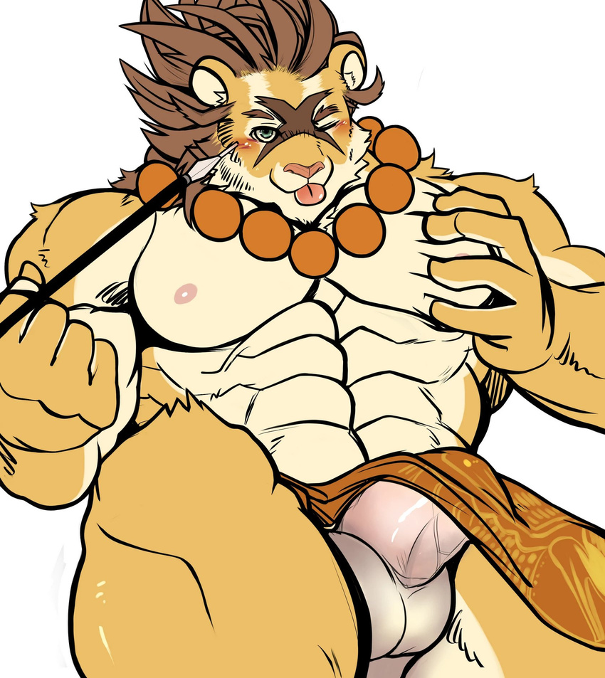 abs anthro balls blush clothed clothing colored erection feline loincloth looking_at_viewer male mammal muscular pecs penis simple_background solo teasing tiger tongue tongue_out wander_crown white_background xsrwe12