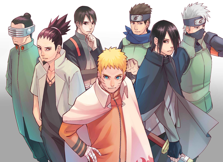 aburame_shino arms_behind_back bandaged_arm bandages black_hair blonde_hair blue_eyes boruto:_naruto_next_generations brown_hair cape cloak curamubuono facial_hair fingerless_gloves forehead_protector gloves goatee hair_bun hand_on_hip hatake_kakashi highres jewelry looking_at_viewer male_focus multiple_boys nara_shikamaru naruto naruto_(series) necklace sai_(naruto) sarutobi_konohamaru scarf silver_hair spiked_hair sword topknot uchiha_sasuke uzumaki_naruto visor weapon whisker_markings