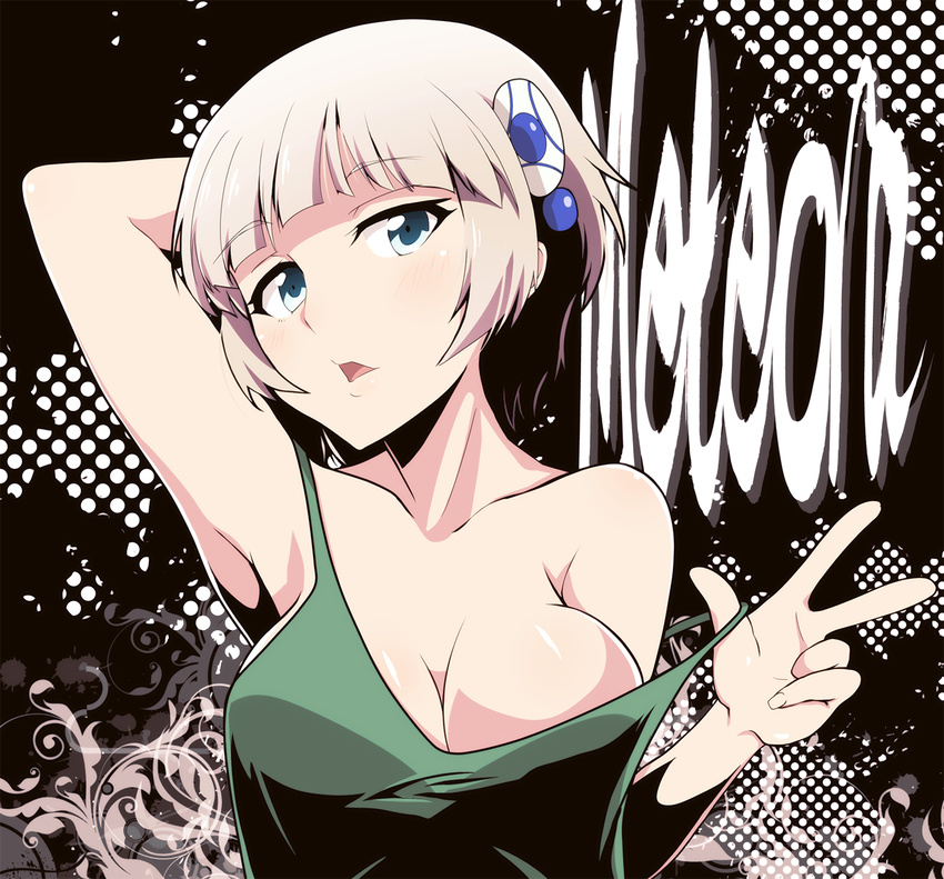 armpits blue_eyes breasts character_name cleavage hair_ornament highres large_breasts looking_at_viewer meteora_osterreich no_bra open_mouth re:creators short_hair silver_hair solo strap_pull strap_slip tank_top tom_(drpow) upper_body