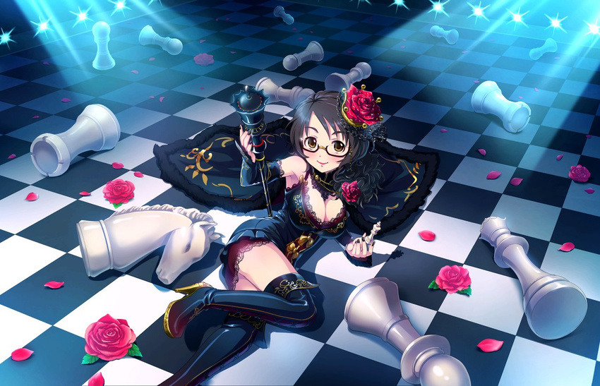 artist_request asano_fuuka black-framed_eyewear black_hair board_game breasts brown_eyes checkered checkered_floor chess chess_piece cleavage detached_sleeves floor flower glasses idolmaster idolmaster_cinderella_girls idolmaster_cinderella_girls_starlight_stage large_breasts lipstick makeup nail_polish official_art oversized_object red_flower red_rose rose scepter semi-rimless_eyewear short_hair