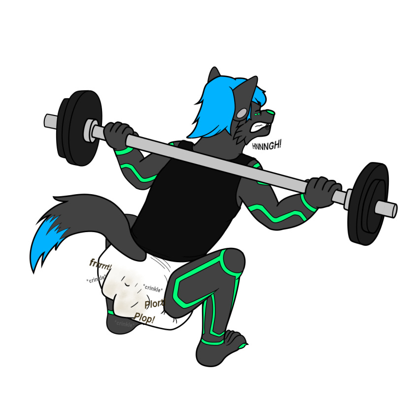 anthro biped canid canine canis crouching cypher_(diaperedglowwolf) dannyskunk diaper exercise feces fur hair mammal messy_diaper onomatopoeia pooping rear_view scat simple_background soiling soiling_diaper solo sound_effects weightlifting white_background wolf workout