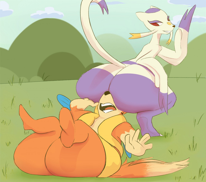 bent_over big_butt butt butt_hat duo facesitting fakerface45 female floatzel grass hand_on_butt looking_back mienshao nintendo open_mouth pok&eacute;mon presenting presenting_hindquarters raised_tail red_eyes smile video_games whiskers