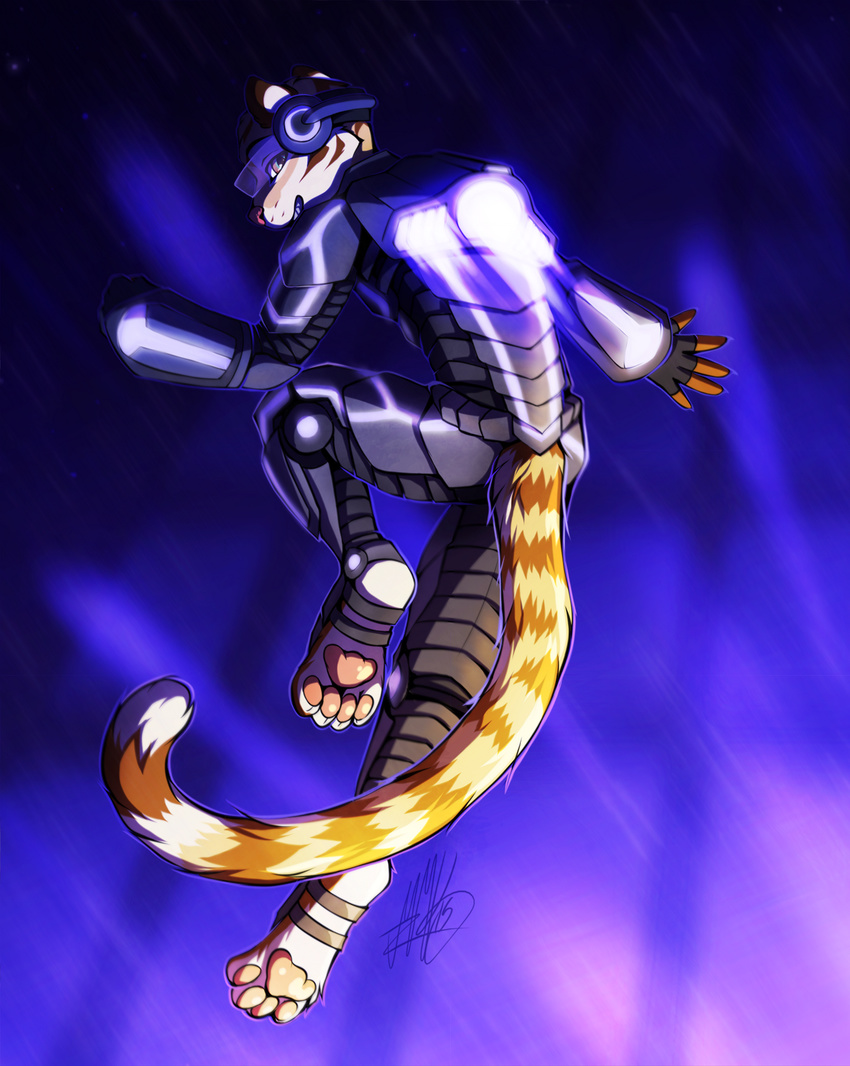 2015 4_toes 5_fingers anthro armor clothed clothing digitigrade feline male mammal neotheta solo tiger toes