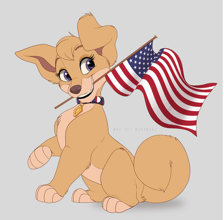 canine collar dog eyelashes female feral flag fur kitchiki mammal paws purple_eyes simple_background sitting smile solo tan_fur