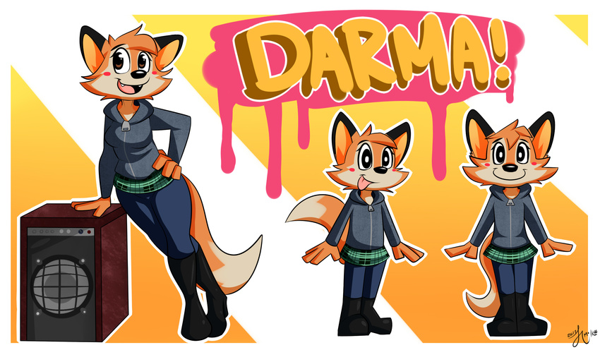 2017 anthro blush_sticker boots breasts brown_eyes canine charlshamps clothing darma fangs footwear fox hand_on_hip hoodie mammal open_mouth open_smile rock_dog skirt smile solo tongue tongue_out