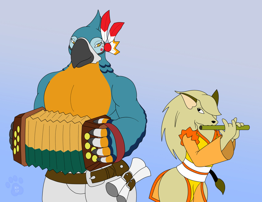2017 4_fingers 5_fingers accordion anthro avian beak belt bird black_eyes blue_feathers bottomless breath_of_the_wild canine clothed clothing crossover digital_media_(artwork) duo feathers flute fox fur girly hair kass_(zelda) ky_(malamute) long_hair male mammal muscular muscular_male musical_instrument nintendo partially_clothed playing_music pop'n_music rito simple_background size_difference smile tan_fur the_legend_of_zelda topless video_games yamabuki yellow_eyes