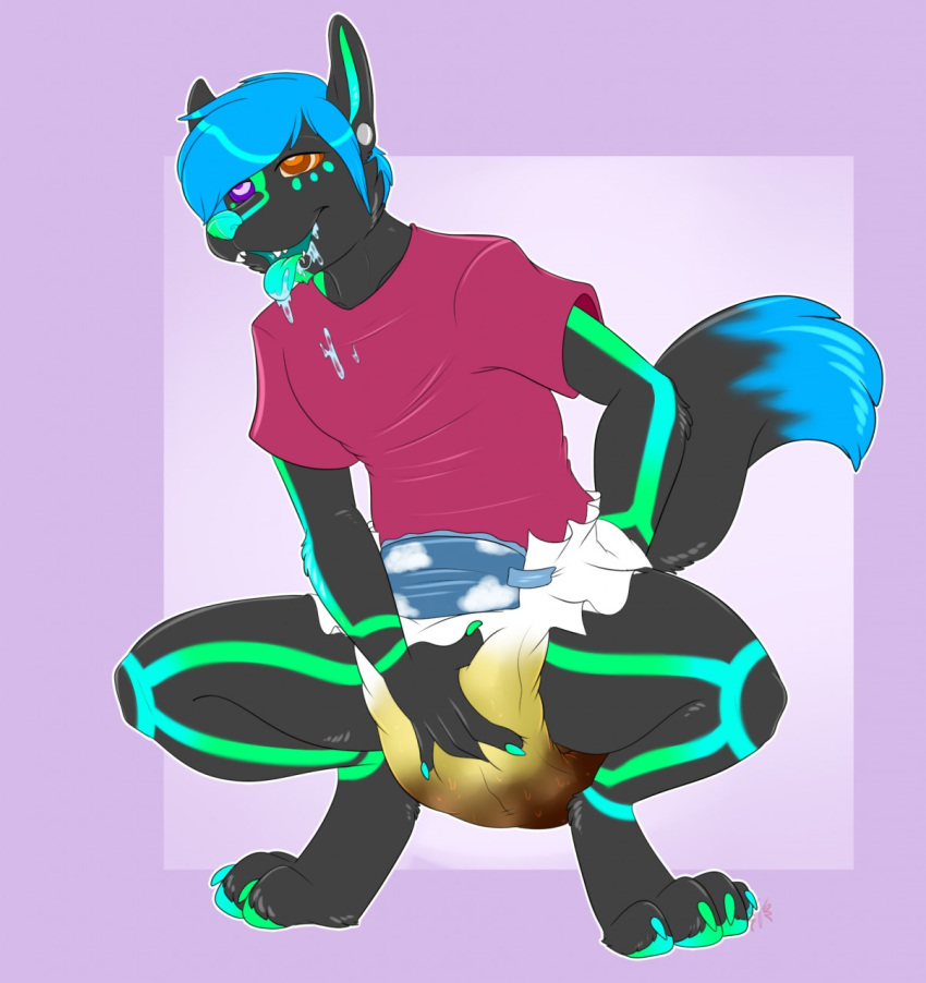 4_toes 5_fingers anthro biped canid canine canis clothing crouching cypher_(diaperedglowwolf) diaper digiitgrade drooling feces fur hair humanoid_hands hypnosis mammal maridiamarius messy_diaper mind_control saliva scat shirt soiling toes urine watersports wet_diaper wetting wolf