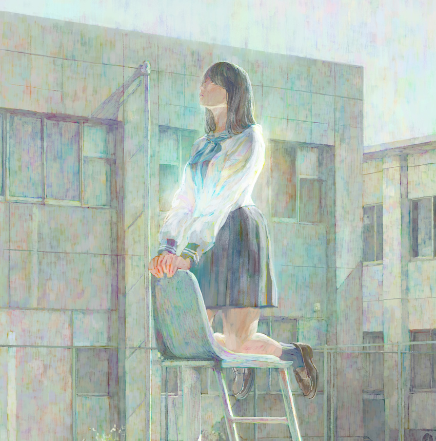 black_hair building chair colorful highres hironoshousei kneeling loafers long_hair looking_up muted_color original school school_uniform serafuku shoes solo tennis_court