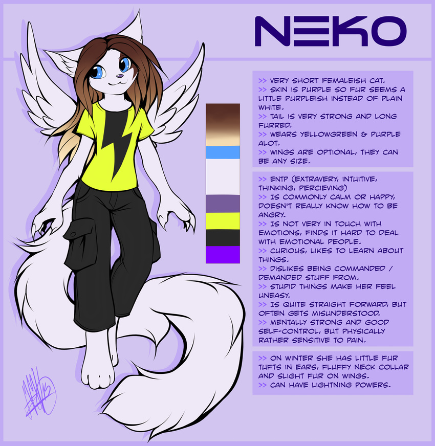 2015 4_toes anthro barefoot blue_eyes brown_hair cat clothed clothing english_text feathered_wings feathers feline female fur hair hybrid mammal model_sheet neotheta smile standing text toes white_fur wings