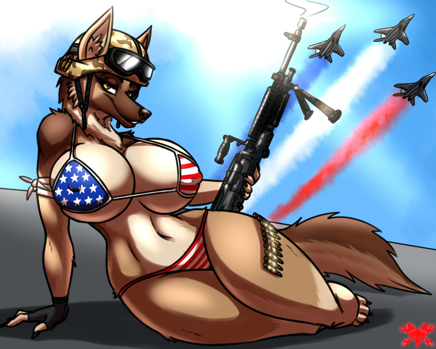 4th_of_july aircraft airplane anthro armor big_breasts bikini black_nose breasts canine cleavage clothed clothing compression_artifacts dog eyebrows eyelashes female fingerless_gloves german_shepherd gloves gun helmet huge_breasts jet jets m240 machine_gun mammal merica metalfoxxx nipple_bulge pose ranged_weapon sitting solo stars_and_stripes swimsuit united_states_of_america voluptuous weapon wide_hips