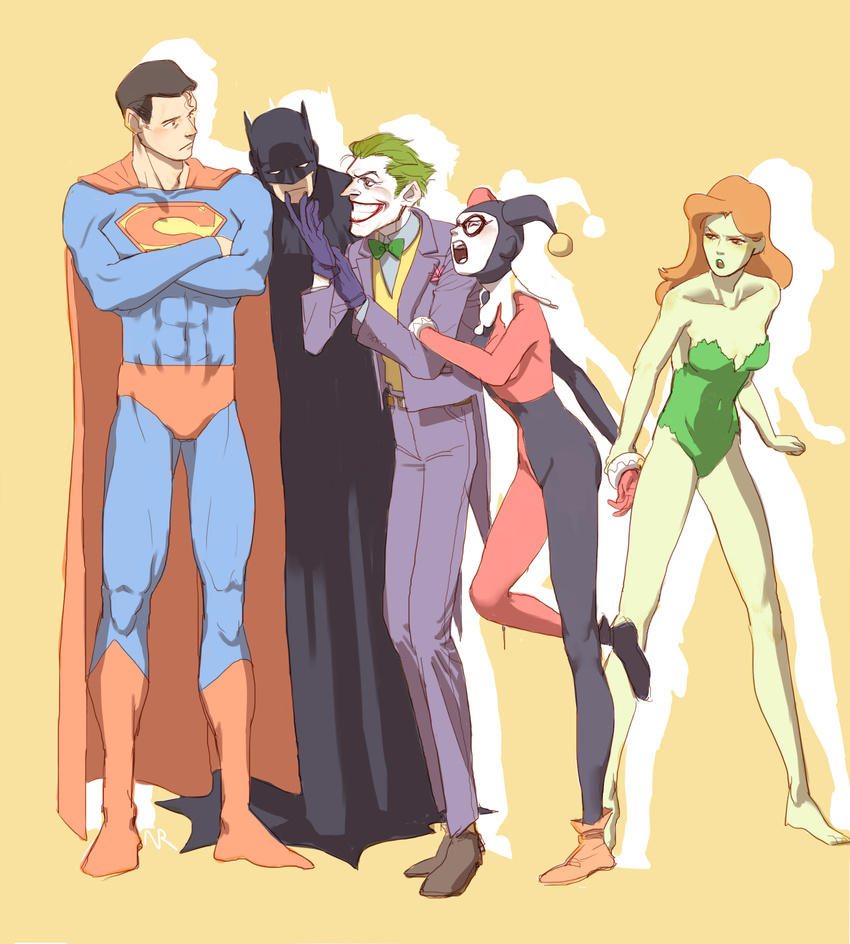 3boys abs bare_shoulders barefoot batman batman_(series) bow bowtie cape closed_eyes commentary_request crossed_arms dc_comics domino_mask full_body green_hair green_lips green_skin grin harley_quinn highres long_hair mask multiple_boys multiple_girls nr_(nyuro2) open_mouth orange_hair poison_ivy sketch smile standing superman the_joker