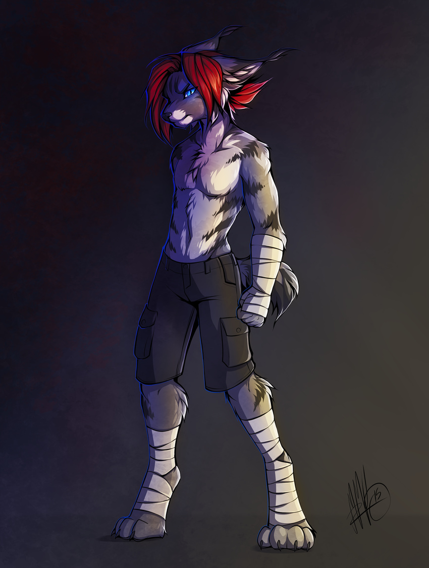 2015 4_toes anthro barefoot black_nose blue_eyes clothed clothing digitigrade feline hair lynx male mammal neotheta red_hair simple_background toes topless