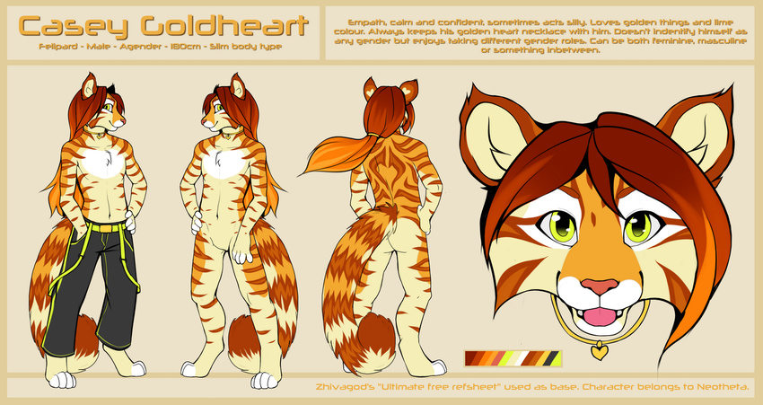 2015 anthro cat clothed clothing english_text featureless_crotch feline male mammal model_sheet neotheta nude open_mouth smile solo teeth text tongue topless yellow_eyes