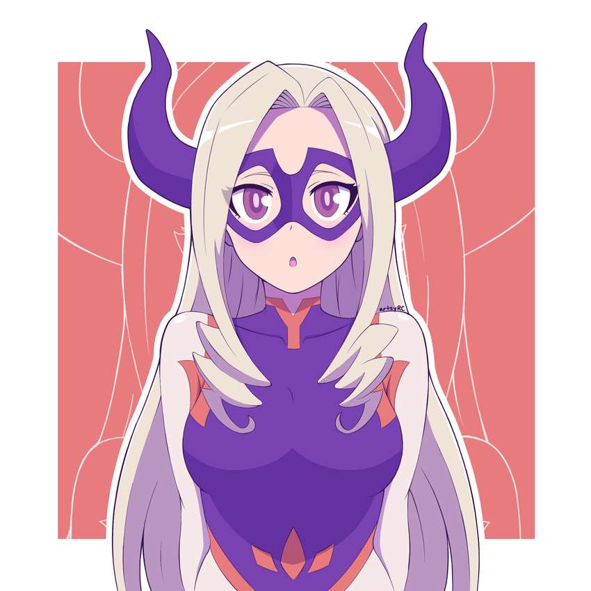 :o artsy-rc blush bodysuit boku_no_hero_academia breasts domino_mask drill_hair highres horns large_breasts long_hair looking_at_viewer mask mount_lady purple_eyes silver_hair simple_background solo upper_body white_background