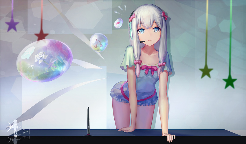 blue_eyes bow bubble eromanga_sensei eyebrows_visible_through_hair hair_bow headset highres izumi_sagiri long_hair looking_at_viewer pink_bow silver_hair solo star stylus wangchuan_de_quanyan