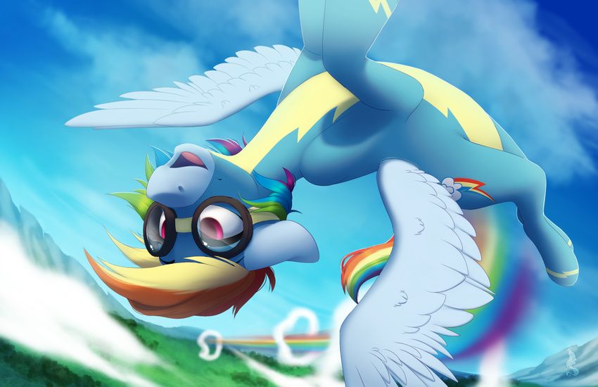 blue_fur day detailed_background equine feathered_wings feathers flying friendship_is_magic fur goggle hair hooves mammal multicolored_hair my_little_pony outside pegasus rainbow_dash_(mlp) rainbow_hair silentwulv sky smile wings