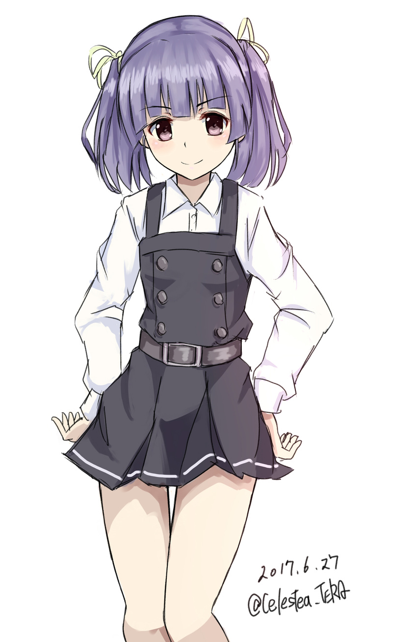 2017 belt celestea_tera cowboy_shot dated dress eyebrows_visible_through_hair highres kantai_collection long_hair long_sleeves looking_at_viewer ooshio_(kantai_collection) pinafore_dress purple_eyes purple_hair remodel_(kantai_collection) school_uniform shirt short_twintails simple_background smile solo twintails twitter_username white_background white_shirt