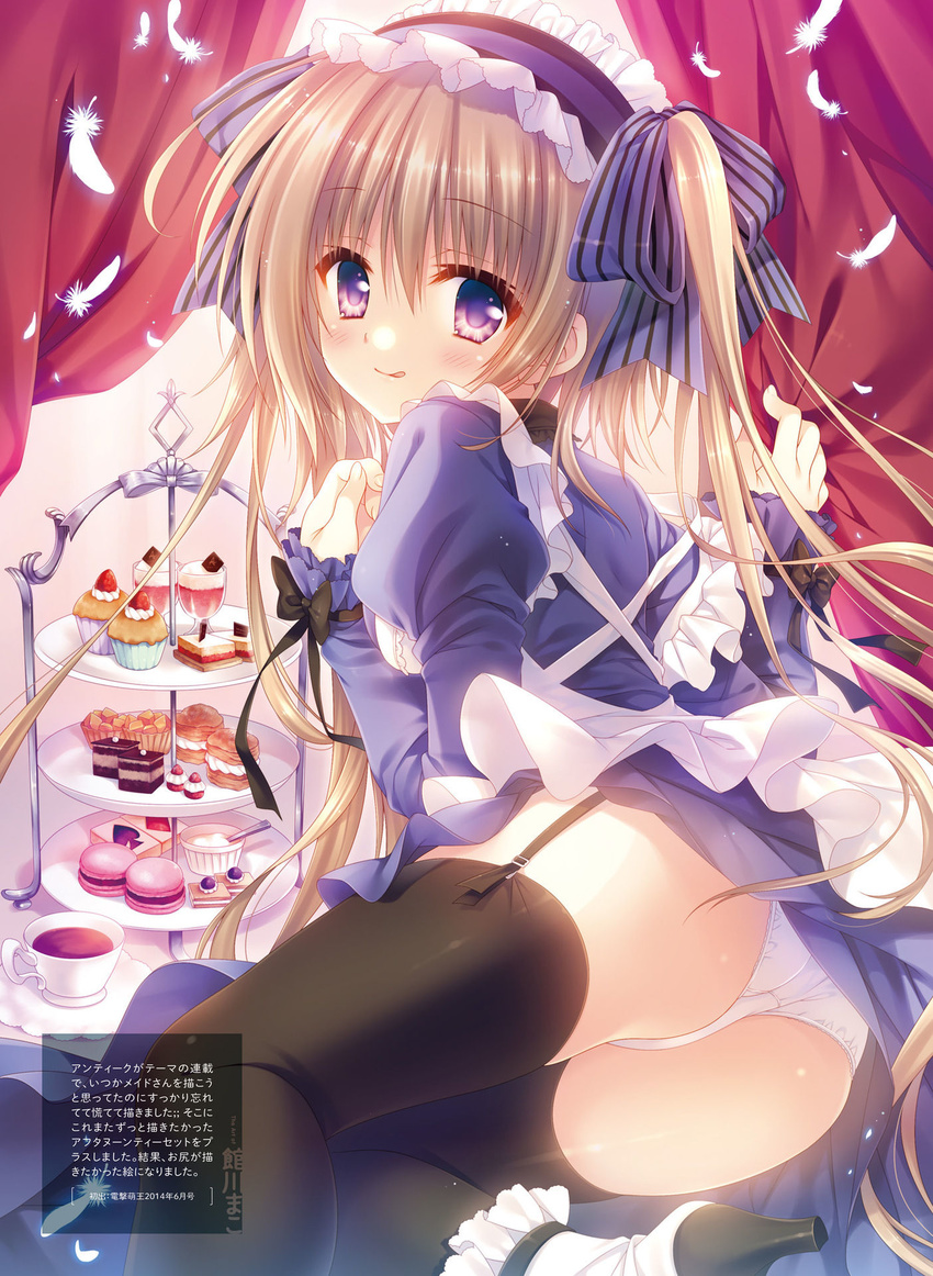 :q apron black_legwear blonde_hair blue_bow blue_dress blue_eyes bow cake dress floating_hair food garter_straps hair_bow high_heels highres long_hair looking_at_viewer maid_headdress original panties solo striped striped_bow tatekawa_mako thighhighs tongue tongue_out twintails underwear very_long_hair white_apron white_feathers white_panties