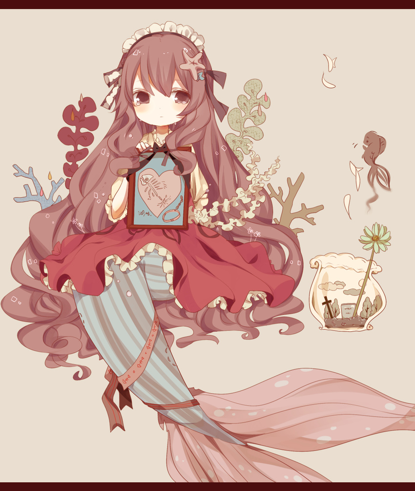 brown_eyes brown_hair coco_(hinatacoco) coral fish fish_skeleton fishbowl flower highres long_hair looking_at_viewer mermaid monster_girl original picture_frame sitting skeleton starfish_hair_ornament tears tombstone very_long_hair