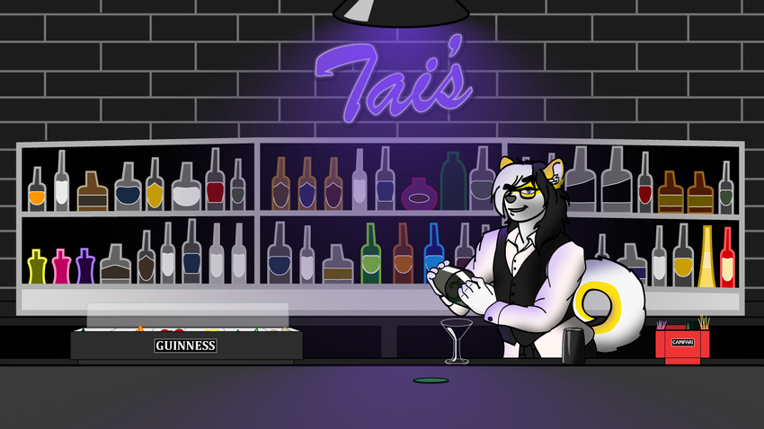 alcohol ambiguous_gender anthro appletini bar bartender beverage canine dog eyewear glasses hi_res husky looking_at_viewer malamute mammal neon_sign solo tai taito