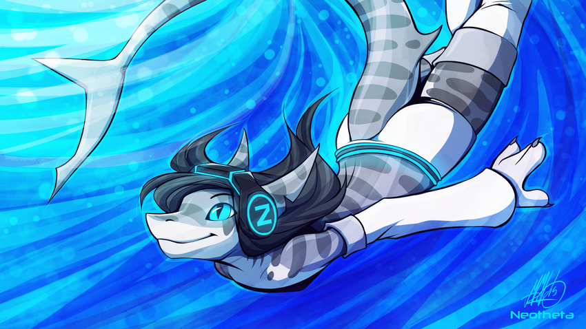 2015 anthro black_hair blue_eyes clothed clothing female fin fish hair marine neotheta shark smile