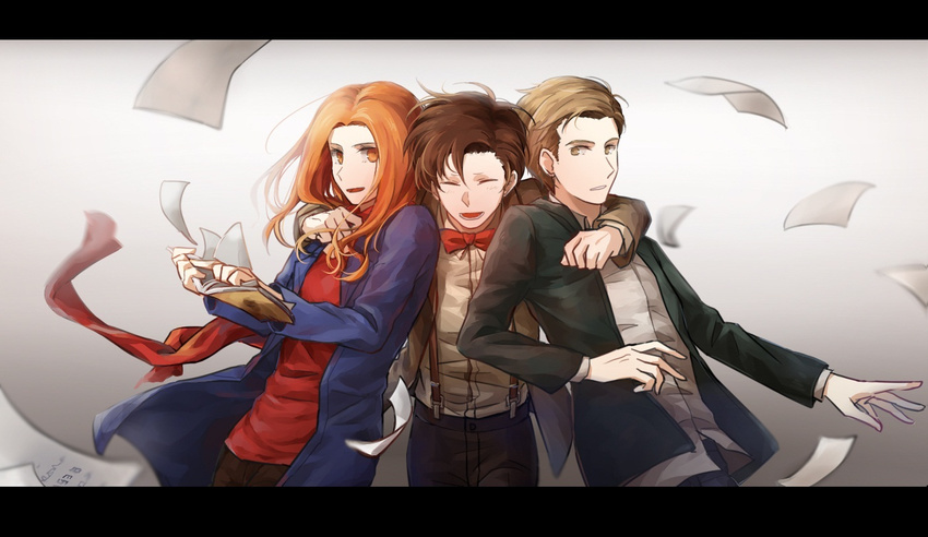 2boys amy_pond blonde_hair bow bowtie brown_eyes brown_hair closed_eyes doctor_who eleventh_doctor hug multiple_boys nankhon orange_eyes orange_hair rory_williams smile the_doctor