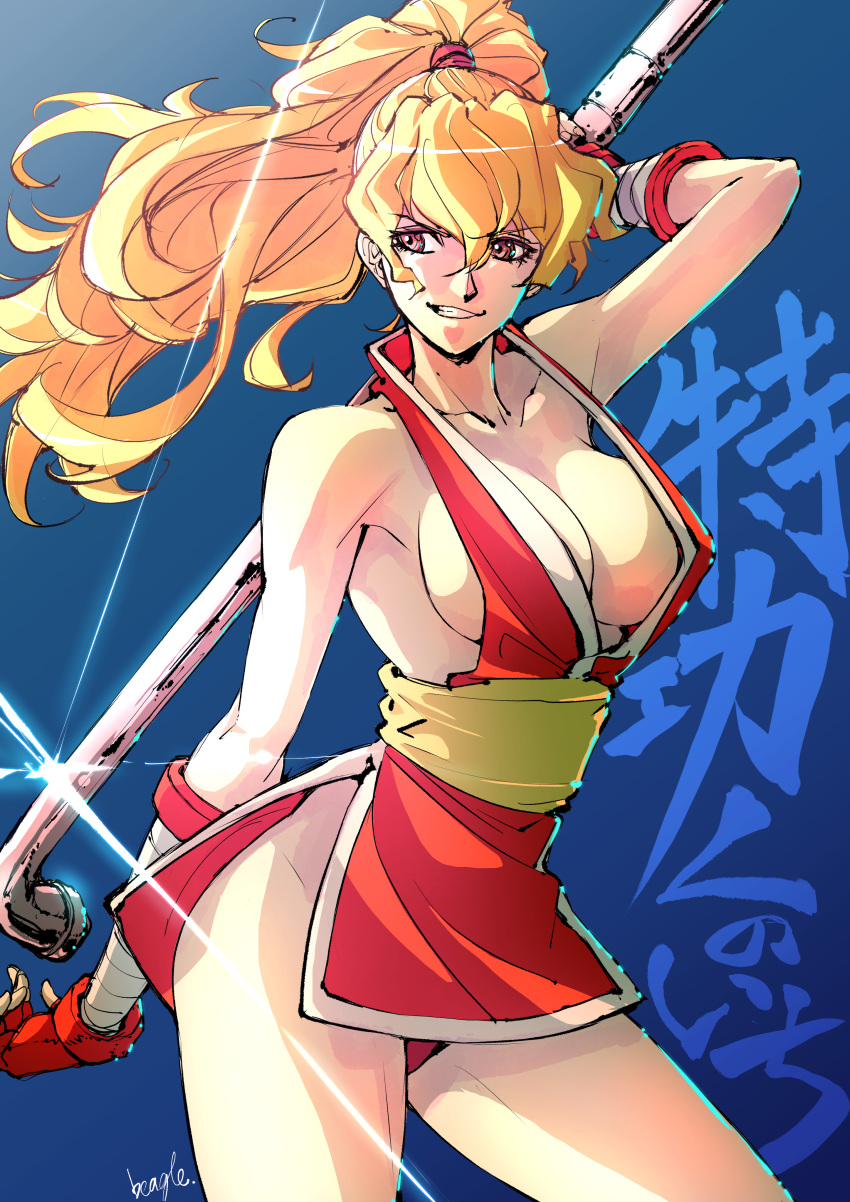 1girl absurdres bangs blonde_hair breasts brown_eyes cleavage commentary_request fighting_game final_fight genryuusai_maki grin high_ponytail highres long_hair looking_at_viewer looking_to_the_side medium_breasts ninja pelvic_curtain ponytail smile solo street_fighter street_fighter_zero_(series) strikebeagle translation_request weapon