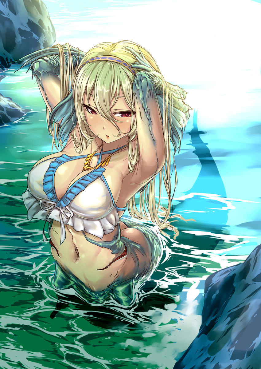 absurdres armpits arms_behind_head arms_up blonde_hair blush breasts cleavage commentary_request fish_scales gills gradient_hair green_hair hair_between_eyes hairband head_fins highres large_breasts long_hair looking_at_viewer mermaid monster_girl multicolored_hair navel nukkoru original partially_submerged red_eyes solo stomach water