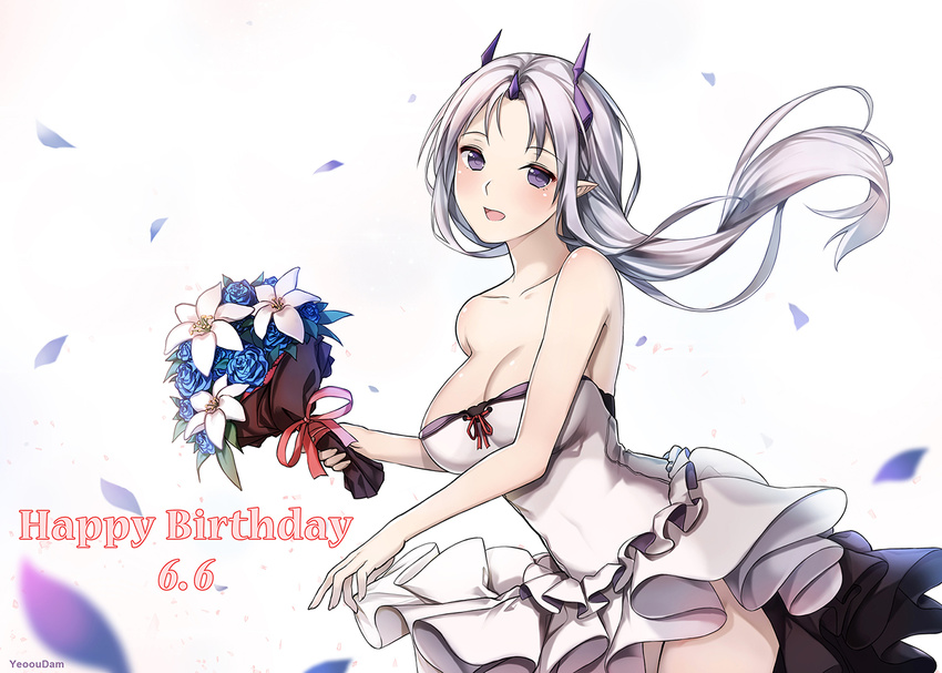artist_name bare_shoulders blush breasts cleavage closers dated dress floating_hair frilled_dress frills happy_birthday large_breasts levia_(closers) long_hair looking_at_viewer no_bra open_mouth pointy_ears purple_eyes silver_hair solo strapless strapless_dress wedding_dress wind yeoohdam