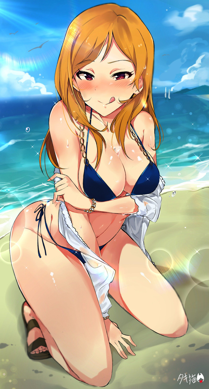 :q absurdres arm_support beach bikini bird blue_bikini blue_sky blush bracelet breast_hold breasts brown_hair bust_cup cleavage cloud day dutch_angle halterneck highres horizon idolmaster idolmaster_million_live! jewelry kneeling leaning_forward lens_flare long_hair looking_at_viewer medium_breasts momose_rio naughty_face ocean off_shoulder outdoors pink_eyes sandals side-tie_bikini sky solo swimsuit tongue tongue_out tuxedo_de_cat undressing wet