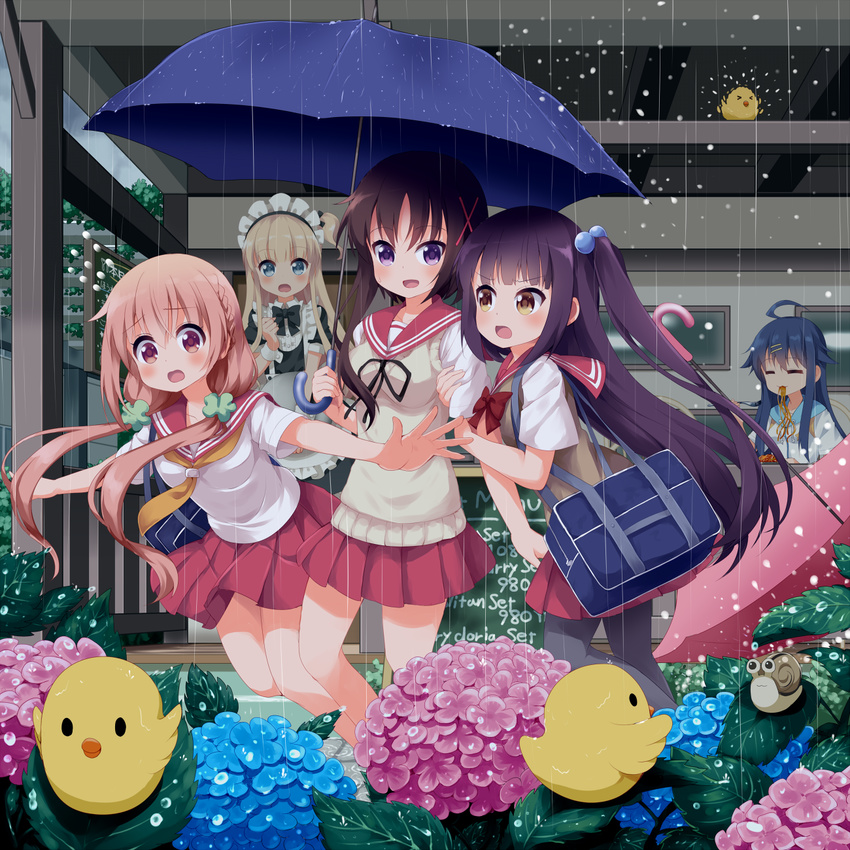 :3 :d :o ahoge apron arm_hug bag bangs bird black_legwear blonde_hair blue_eyes blue_hair blush bow bowtie braid brown_eyes brown_hair closed_eyes eating flower food hagino_chiaki hair_bobbles hair_ornament hairclip highres hiiragi_mayuki hinako_note holding holding_umbrella hydrangea light_brown_hair long_hair looking_at_viewer low_twintails maid maid_headdress multiple_girls nakajima_yua natsukawa_kuina neck_ribbon neckerchief one_side_up open_mouth outdoors outstretched_arms pantyhose pleated_skirt purple_eyes rain ribbon ruu_(tksymkw) sakuragi_hinako school_bag school_uniform scrunchie serafuku shared_umbrella short_sleeves side_ponytail sidelocks skirt smile snail spread_arms sweater_vest tripping twintails umbrella x_hair_ornament yellow_eyes