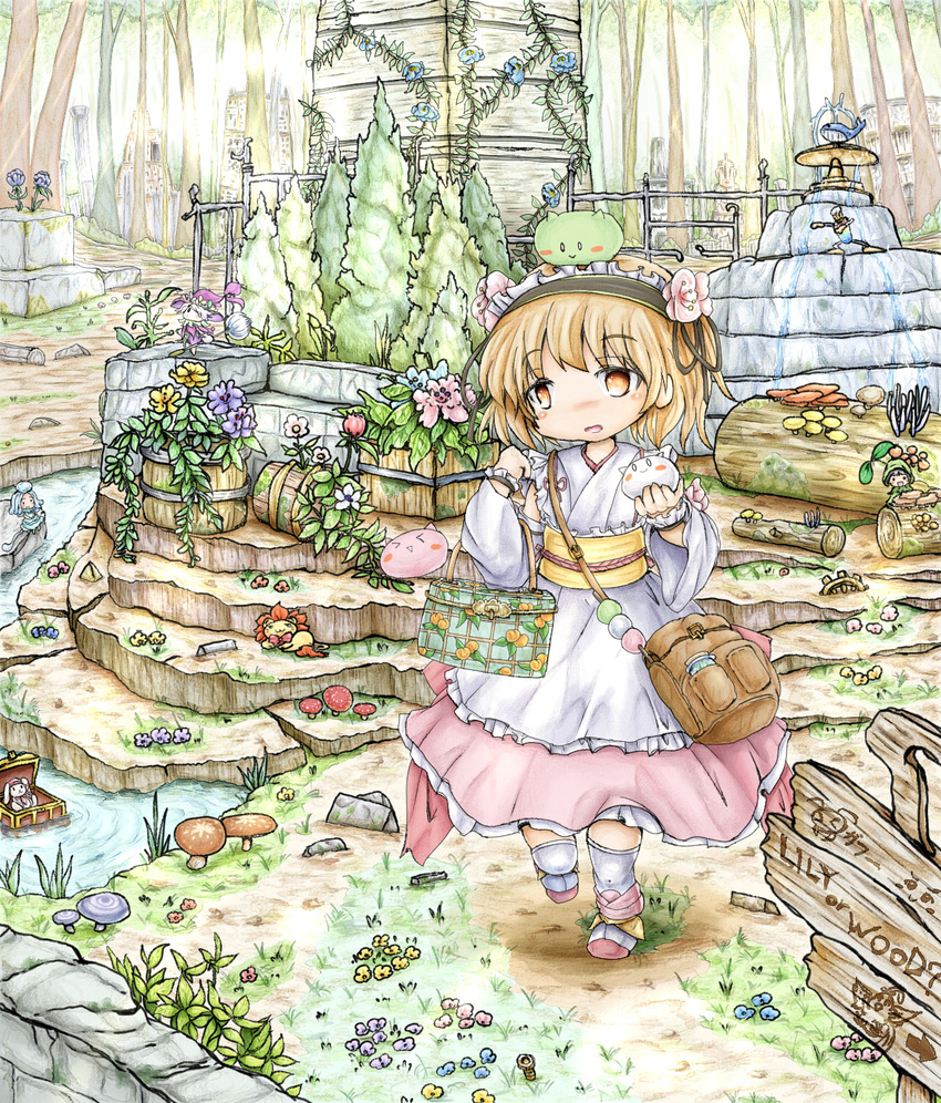 animal animal_on_head apricot_(flower_knight_girl) apricot_blossom bag blonde_hair blush_stickers bottle bunny cat dress fairy flower flower_knight_girl forest fountain grass hair_flower hair_ornament hairband handbag highres layered_dress lion log lolita_hairband looking_at_viewer multiple_girls mushroom nature obi on_head open_mouth outdoors over-kneehighs plant potted_plant sash satchel short_hair sign standing standing_on_one_leg stream thighhighs vines whale white_legwear yellow_eyes ys_(ytoskyoku-57)