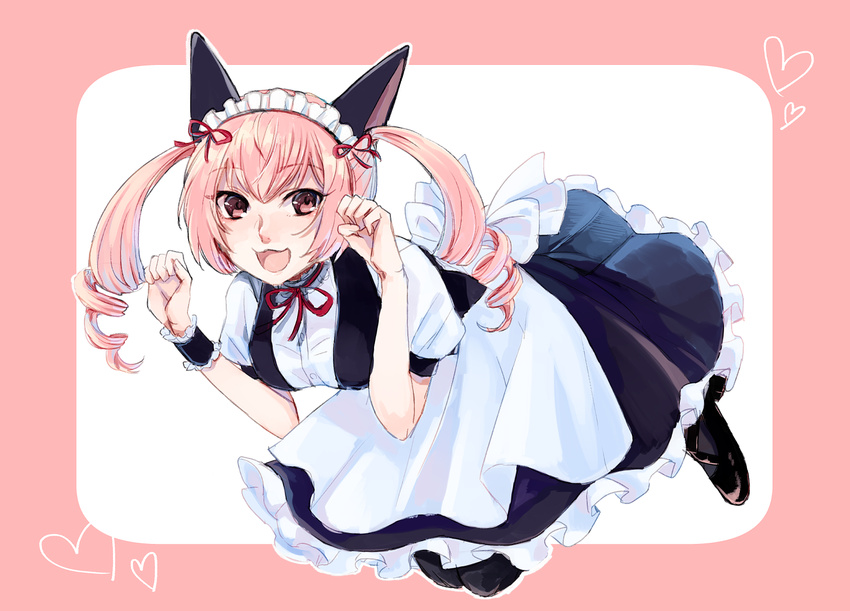 akiha_rumiho animal_ears apron border bow breasts cat_ears drill_hair hair_ribbon heart high_heels long_hair looking_at_viewer maid maid_apron maid_headdress medium_breasts neck_ribbon open_mouth paw_pose pink_background pink_eyes pink_hair ribbon sketch skirt smile solo steins;gate tokiji twin_drills vest wrist_cuffs