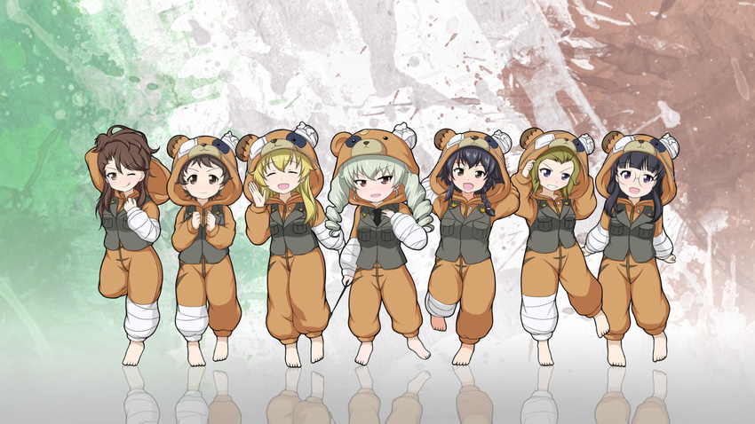 adapted_uniform amaretto_(girls_und_panzer) anchovy animal_costume anzio_military_uniform arm_behind_head arms_behind_head bangs barefoot bear_costume black_hair black_neckwear blonde_hair blunt_bangs blush boko_(girls_und_panzer) braid brown_eyes brown_hair carpaccio cast closed_eyes closed_mouth commentary_request drill_hair eyepatch flag_background girls_und_panzer glasses green_hair green_jacket hair_up highres holding italian_flag jacket long_hair looking_at_viewer military military_uniform multiple_girls necktie open_mouth orc_peon_7503 pajamas panettone_(girls_und_panzer) parted_lips pepperoni_(girls_und_panzer) red_eyes reflection riding_crop round_eyewear short_hair side_braid smile standing standing_on_one_leg twin_drills twintails uniform waving