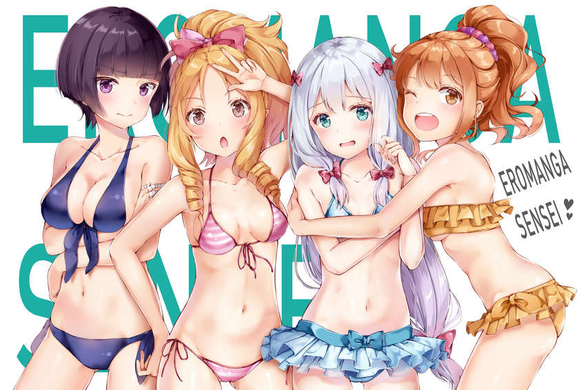 4girls :o absurdres aqua_eyes arm_up bandaged_fingers bandages bangs bare_shoulders beads bikini bikini_skirt blonde_hair blue_bikini blunt_bangs bow breast_hold breasts brown_eyes brown_hair cleavage closed_mouth collarbone copyright_name drill_hair eromanga_sensei eyebrows_visible_through_hair from_side front-tie_bikini front-tie_top girl_sandwich hair_beads hair_bow hair_ornament halterneck hand_on_hip highres hug izumi_sagiri jinno_megumi lineup looking_at_viewer medium_breasts multiple_girls navel one_eye_closed open_mouth orange_bikini parted_bangs pink_bikini pointy_ears ponytail purple_eyes purple_hair ringlets sandwiched senju_muramasa silver_hair sketch small_breasts striped striped_bikini swimsuit underboob v-shaped_eyebrows w yamada_elf yoshida_iyo