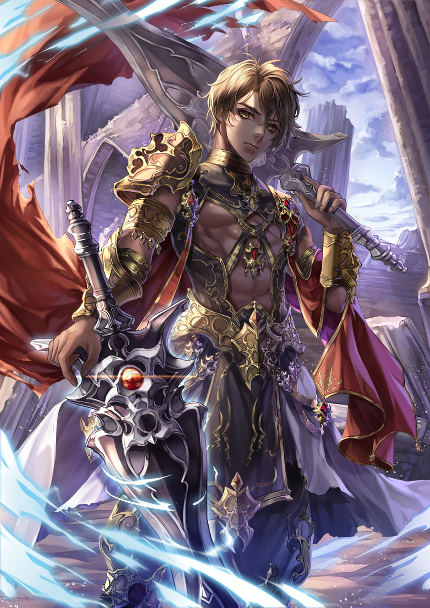 armor bad_id bad_pixiv_id blue_sky bracer brown_eyes brown_hair day fantasy gleam highres male_focus muscle original outdoors over_shoulder ruins shenteita sky solo standing sword weapon