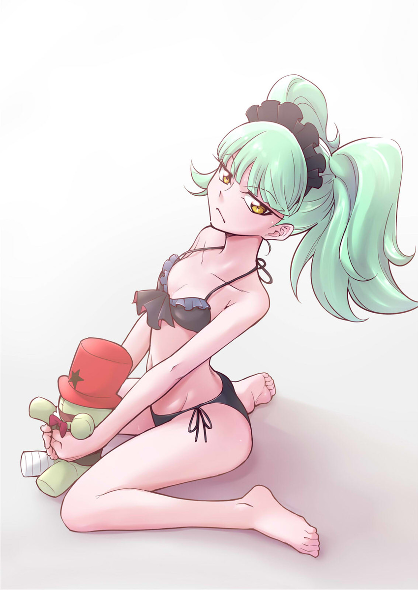 bangs biburi_(precure) bikini black_bikini black_hairband blunt_bangs breasts closed_mouth doll eyebrows_visible_through_hair feet frilled_hairband frills gradient gradient_background green_hair grey_background hairband hat highres kirakira_precure_a_la_mode ogry_ching precure red_hat short_hair side-tie_bikini sitting small_breasts soles solo star swimsuit twintails wariza white_background yellow_eyes