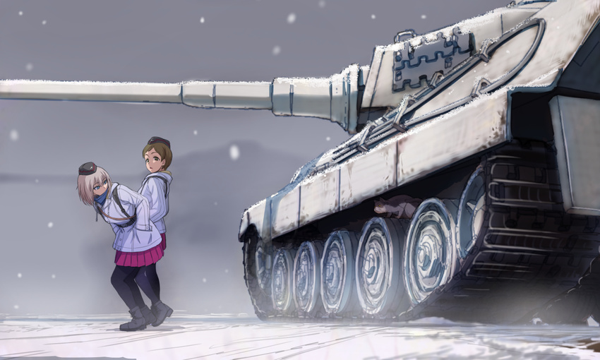 ankle_boots bangs black_footwear black_hat black_legwear blue_eyes boots brown_eyes brown_hair caterpillar_tracks commentary_request garrison_cap girls_und_panzer ground_vehicle hands_in_pockets hat itsumi_erika kuromorimine_military_uniform long_hair looking_at_viewer looking_back military military_hat military_uniform military_vehicle miniskirt motor_vehicle multiple_girls outdoors pantyhose pleated_skirt red_skirt ritaiko_(girls_und_panzer) shinmai_(kyata) short_hair silver_hair skirt snow standing tactical_clothes tank tiger_ii uniform white_coat winter_clothes